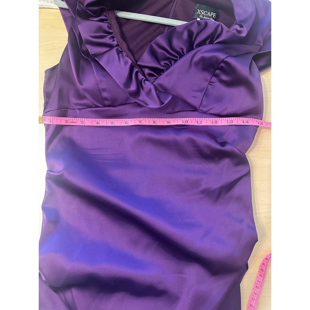 Xscape by Joanna Chen Purple Satin Ruffle Neck Ruched Midi Cocktail Dress 10 - Picture 5 of 6